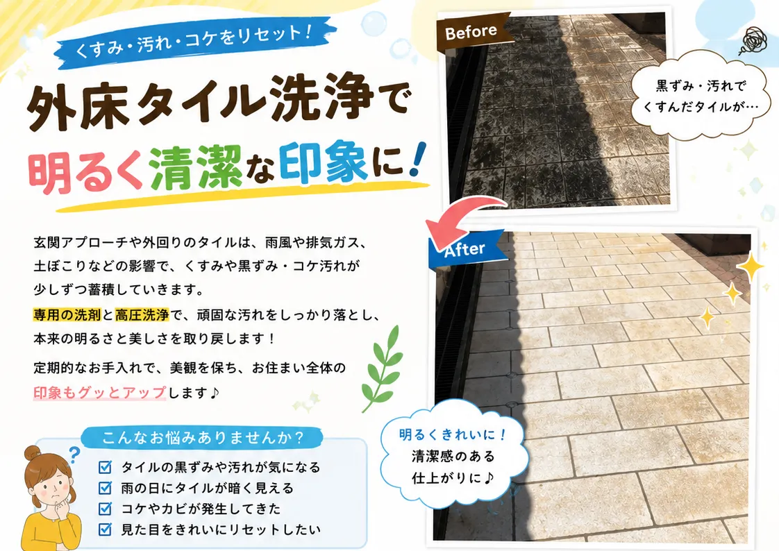 黒ずみ・コケ汚れを一掃！✨外床タイル洗浄で明るい玄関アプローチへ【三重県でリフォーム・ハウスクリーニングするならアトラ】