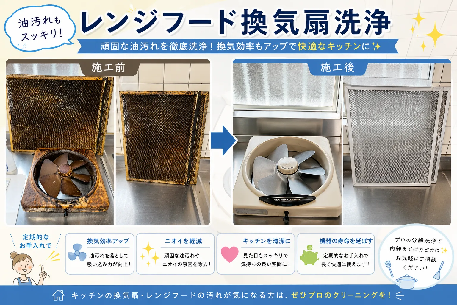 🍳 レンジフード換気扇洗浄｜頑固な油汚れもスッキリ！