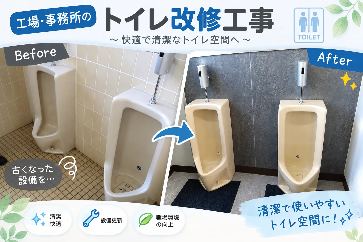 🏭工場・事務所のトイレ改修工事|小便器を新しくリニューアル🚽✨