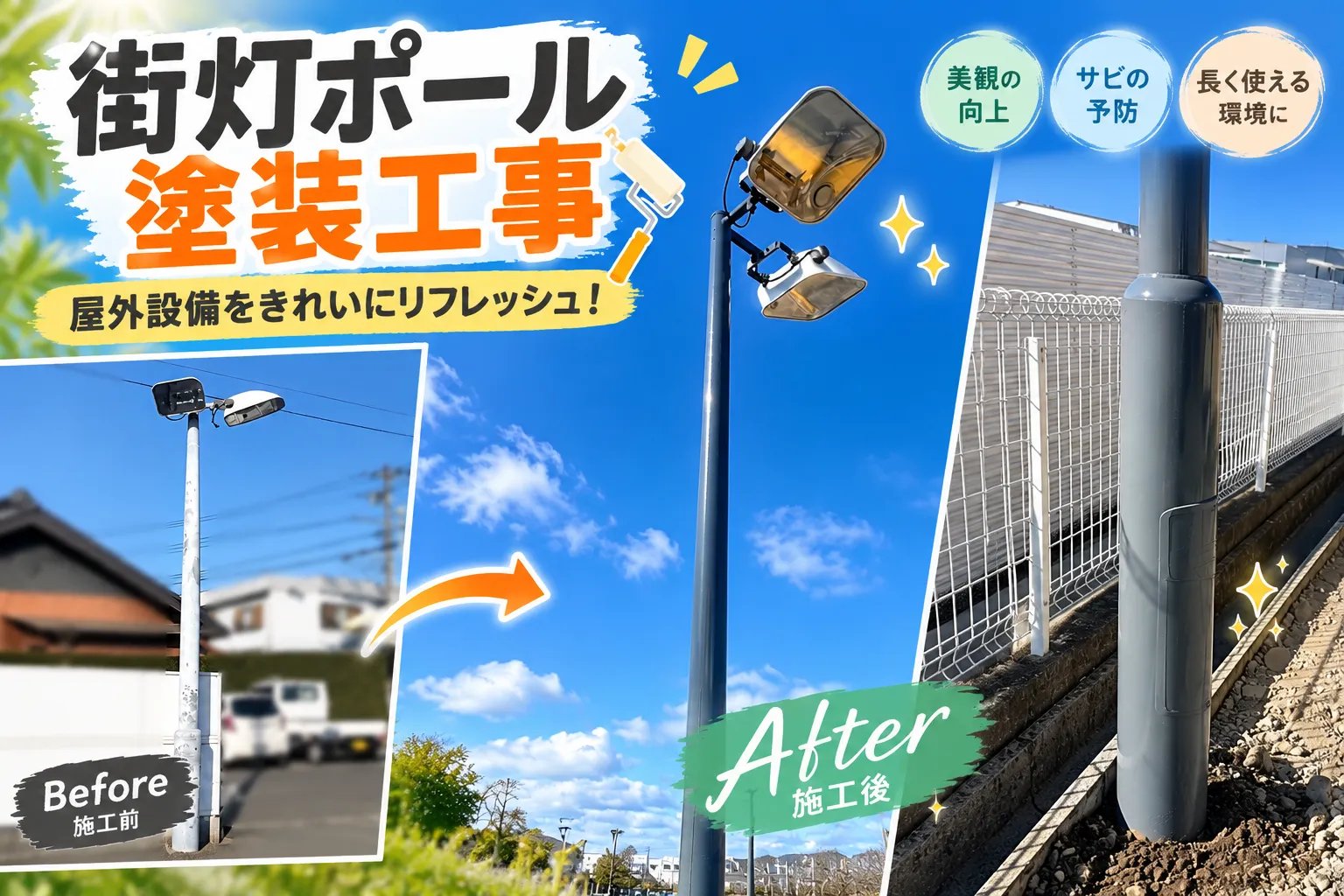 街灯ポールの塗装工事｜屋外設備のメンテナンス施工事例【三重県でリフォーム・ハウスクリーニングするならアトラ】