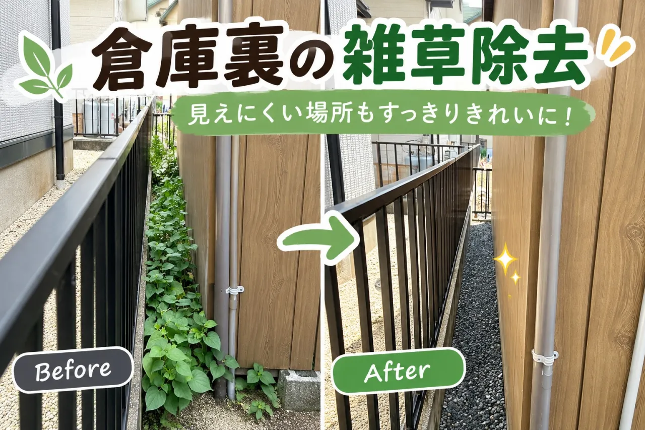 倉庫裏の雑草除去を行いました!【三重県でリフォーム・ハウスクリーニングするならアトラ】