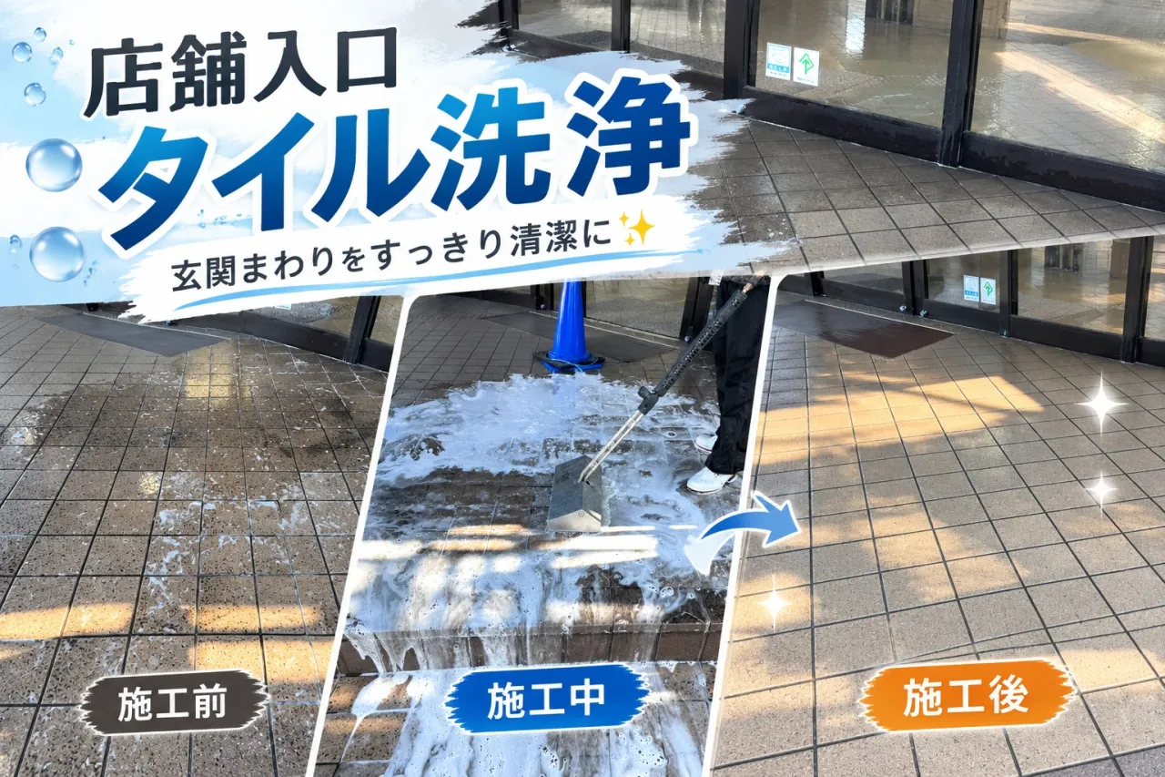 玄関まわりのタイル洗浄|店舗入口をきれいに清掃しました!【三重県でリフォーム・ハウスクリーニングするならアトラ】
